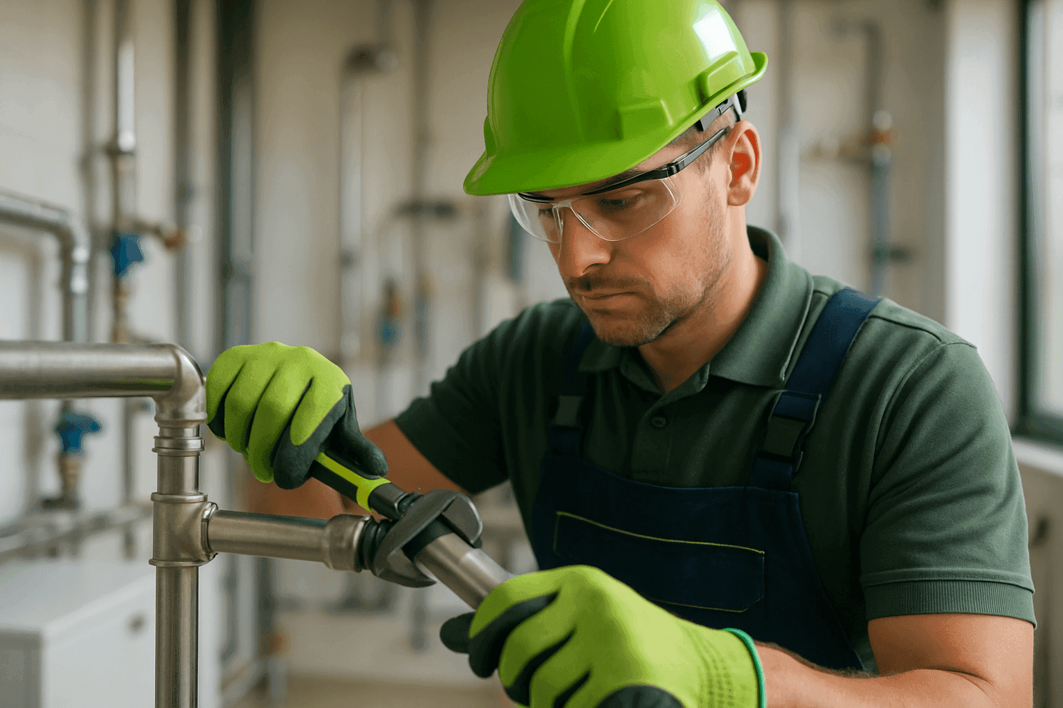 Professional plumber wearing gloves, goggles, and helmet fitting pipes in clean workspace