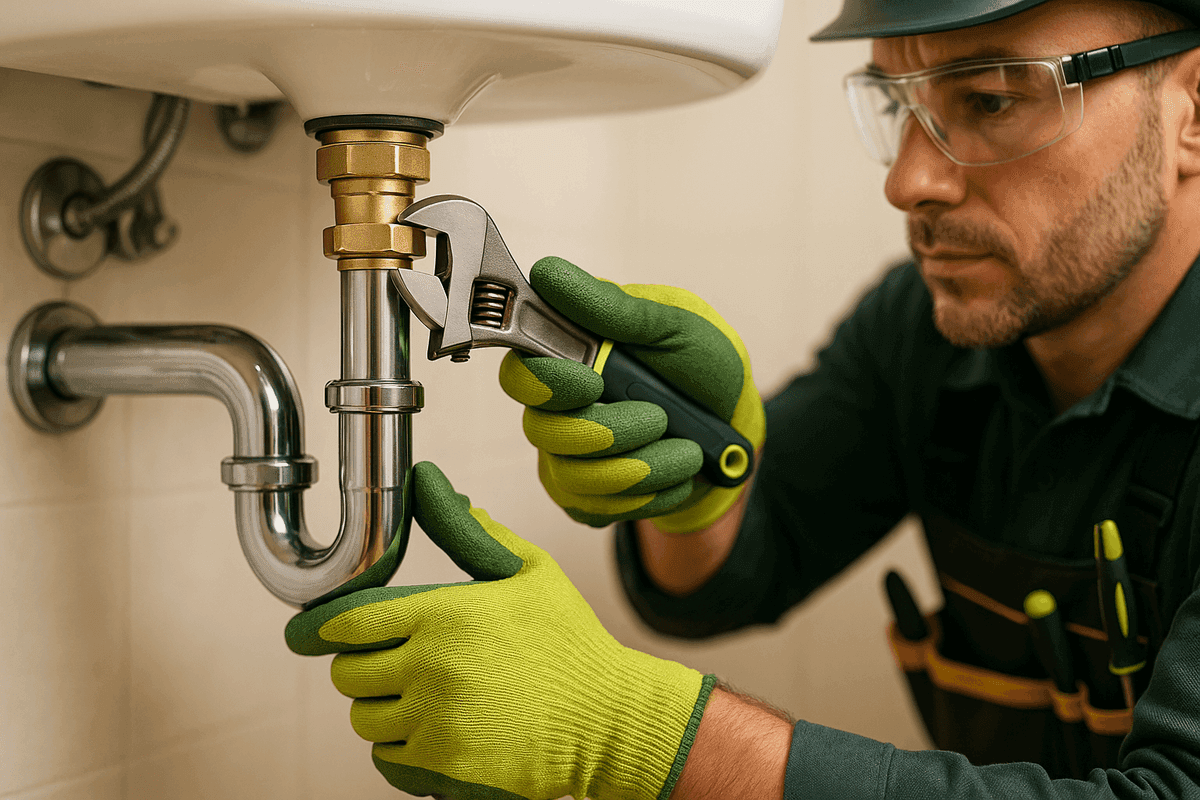 Gloved plumber tightening brass pipe fitting with wrench under residential sink